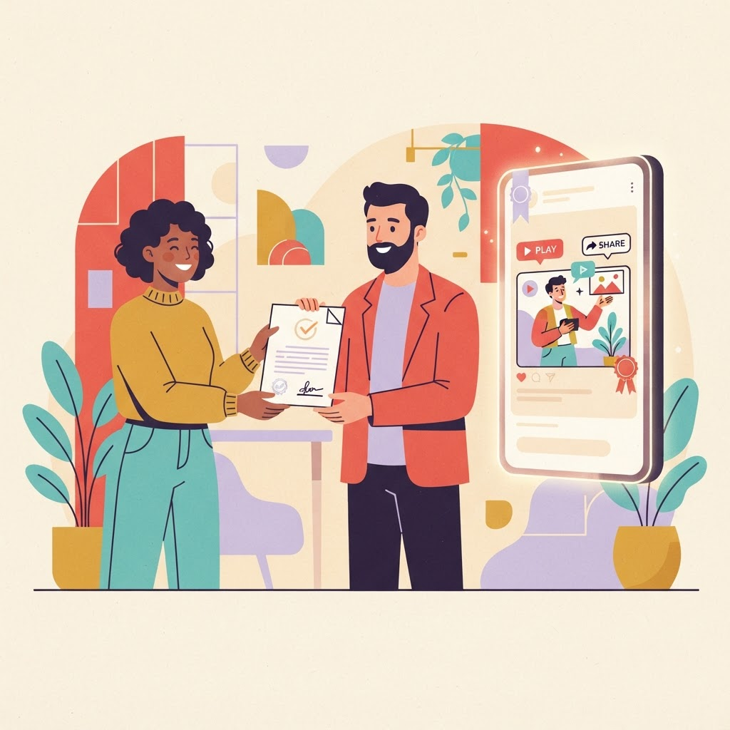 Illustration of two creators discussing a permission document beside a vertical video